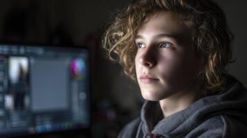Close-up of Young Man Working on Computer in Dark Room photo