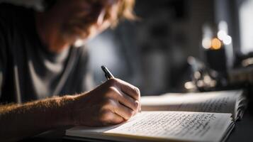 Close-up of Person Writing in Notebook at Desk photo