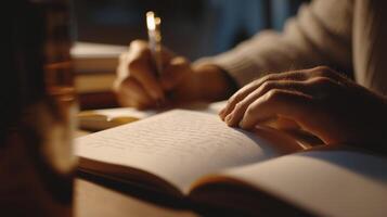 Close-up of Person Writing in Journal at Night photo