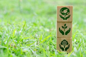 apilado de madera cubitos con ambiental íconos en verde césped. foto