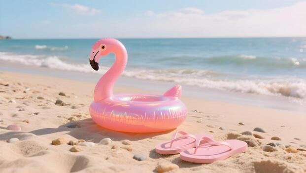 Pink Flamingo Inflatable Float and Flip-Flops on a Sunny Tropical Beach with Ocean Waves photo