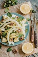 Healthy eating raw fennel salad with walnuts, raw courgettes, mint leaves and lemon juice photo