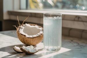 A photograph of a tall, chilled glass containing a refreshing coconut water beverage photo