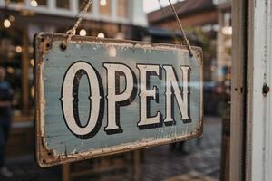 A close-up photograph of a circular sign hung on the glass door of a quaint, vintage shop photo