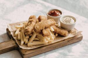 Crispy fish and chips on a platter photo