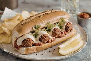 Meatball sub with chips and lemon photo