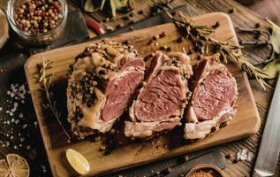 Roast beef slices on a wooden board photo
