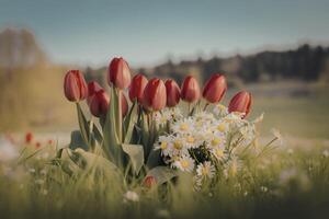 a lush, vibrant green field densely populated with colorful tulips photo