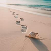 Footprints on the sand of a beach with a shell photo