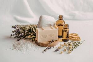 A bottle of soap, a bottle of essential oils and a bunch of lavender photo