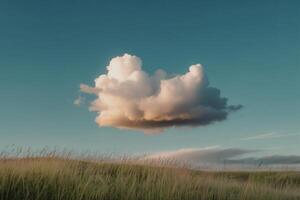 A photograph of a fluffy cumulus cloud drifting lazily across a vibrant azure sky photo