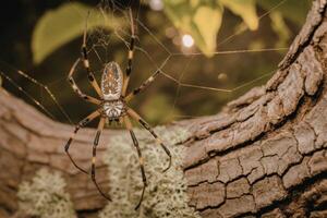 A spider sits on a tree branch with its web photo