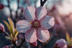 A pink flower is shown in front of a tree photo