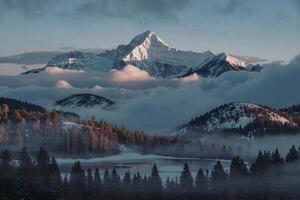 a snow-capped mountain peak piercing through a sea of clouds photo