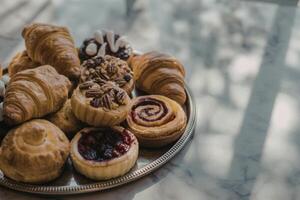 a rustic wooden tray overflowing with freshly baked pastries photo