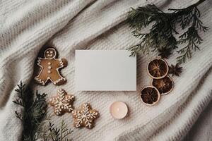 A flatlay composition of a Christmas scene on a white textured background photo