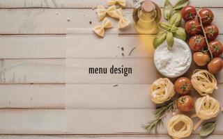 Menu design with pasta, tomatoes, basil and olive oil photo