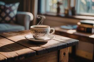Coffee cup with writing on it on a table photo