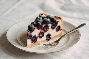 Blueberry cheesecake slice on plate photo