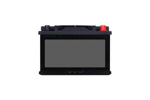 12V car battery with blank grey label, vehicle power source, automotive battery, isolated on white background include clipping path photo