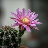 Detailed Cactus Flower with Raindrops and Bokeh Background A Floral Masterpiece. photo