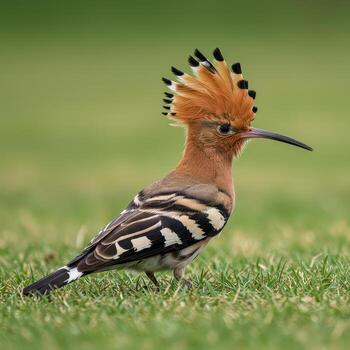 A striking hoopoe stands in short green grass, showing off its orange crest and bold black-and-white wing patterns. photo