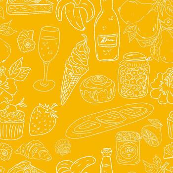 seamless pattern with food and drinks on yellow background vector