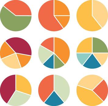 Colorful pie charts representing data with different segments and percentages vector