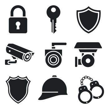 Security and Protection Icons Set Featuring Padlock, Key, Shield, Surveillance Camera, Handcuffs, and Helmet for Comprehensive Safety Measures and Crime Prevention vector