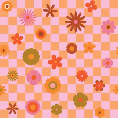 Seamless retro groovy checkered pattern with floral elements. Simple 1970s-style flowers in a doodle design. Perfect for fabric, wrapping paper, wallpaper,