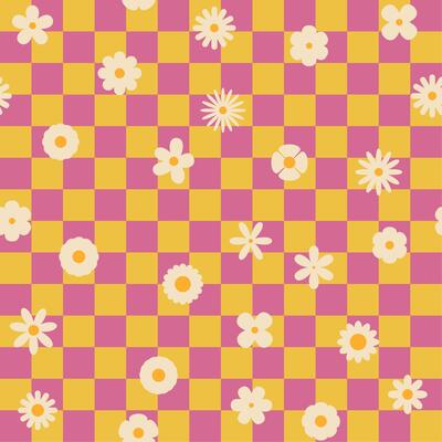 Seamless retro groovy checkered pattern with floral elements. Simple 1970s-style flowers in a doodle design. For fabric, wrapping paper, wallpaper, and fashion prints.