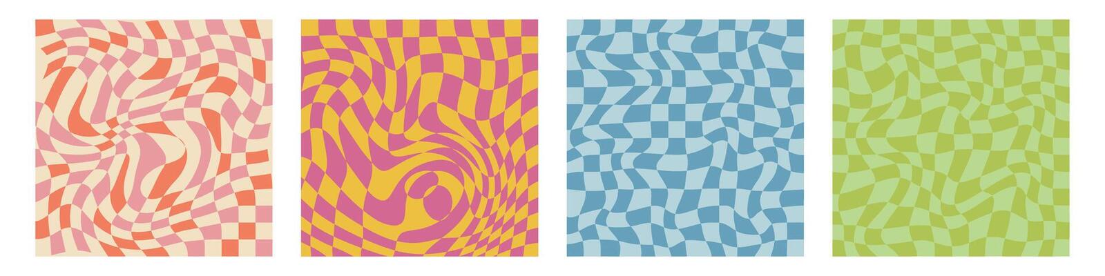 Groovy 70s hippie backgrounds featuring checkerboard,mesh, and wavy patterns. Gingham wallpaper collection, perfect for print templates. Retro 60s and 70s psychedelic design with a Y2K aesthetic.