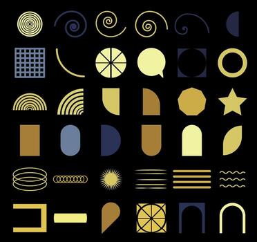 A set of geometric shapes and shapes on a black background vector