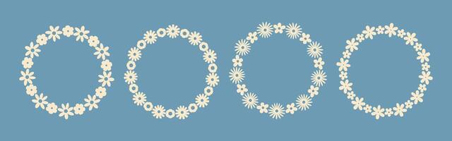 Groovy floral circle frame set with simple flowers in a minimalist style on a blue background. Hand drawn botanical wreaths, perfect for wedding invitations, cards, logos, and decorative design projec vector