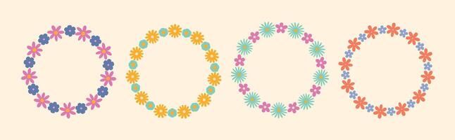 Set of groovy floral circle frames in a simple, minimalist style. Botanical wreaths with bright retro flowers. illustrations perfect for wedding invitations, cards, logos, and decorative design vector