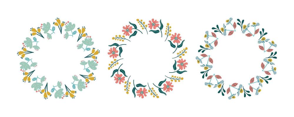 Spring floral circle frame set. Hand drawn botanical wreaths featuring branches, leaves, and flowers. Isolated illustrations perfect for wedding invitations, cards, and logos