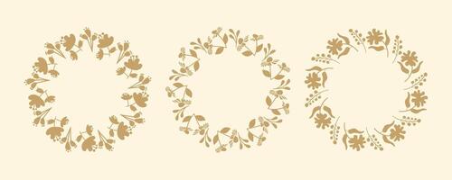 Set of floral circle frames. Simple frames.Hand drawn botanical wreaths featuring branches, leaves, and flowers. Isolated illustrations, perfect for wedding invitations, cards, poster templates. vector