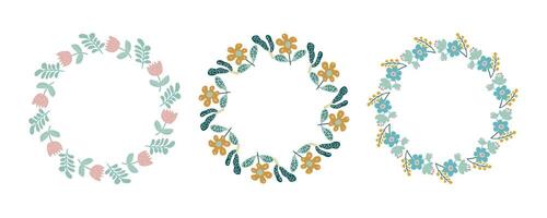 Spring floral circle frame set. Hand drawn botanical wreaths featuring branches, leaves, and flowers.Isolated illustrations perfect for wedding invitations, cards, and logos. vector