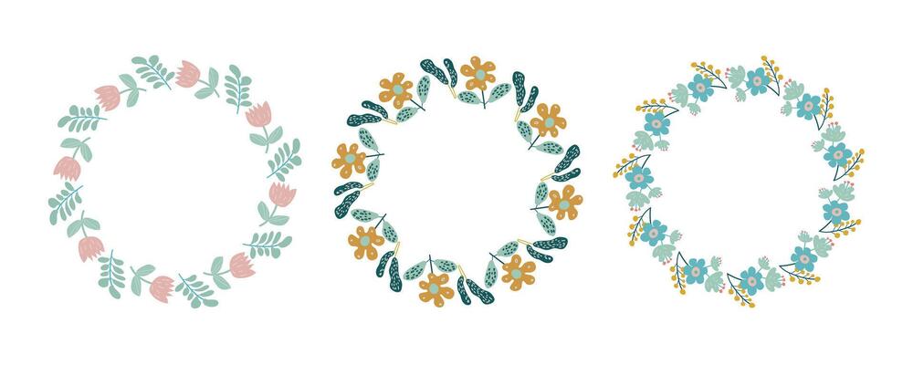 Spring floral circle frame set. Hand drawn botanical wreaths featuring branches, leaves, and flowers.Isolated illustrations perfect for wedding invitations, cards, and logos.