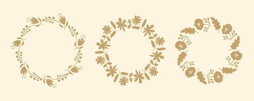 Set of floral circle frames. Hand drawn botanical wreaths featuring branches, leaves, and flowers. Isolated illustrations, perfect for wedding invitations, cards, poster templates vector