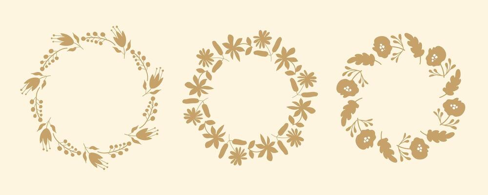 Set of floral circle frames. Hand drawn botanical wreaths featuring branches, leaves, and flowers. Isolated illustrations, perfect for wedding invitations, cards, poster templates