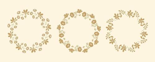 Set of simple floral circle frames. Hand drawn botanical wreaths featuring branches, leaves, and flowers. Isolated illustrations, perfect for wedding invitations, cards, poster template vector