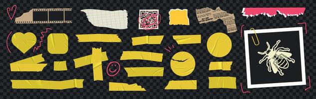 Yellow duct tape for photo collage. Collage frame with bee, paper clip, barcode, retro gazette, stickers and torn paper. Bright scotch tape for the frame. vector