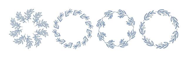 Blue olive branches circle frame set. Hand drawn collection of olive leaves and decorative elements. Circular frames with branches. Perfect for wedding invitations, cards, logo design, and posters vector