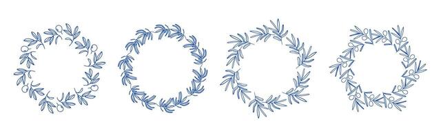 Blue olive branches circle frame set. Circular frames with branches. Hand drawn collection of olive leaves and decorative elements. Perfect for wedding invitations, cards, logo design, vector