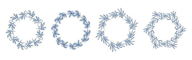 Blue olive branches circle frame set. Circular frames with branches. Hand drawn collection of olive leaves and decorative elements. Perfect for wedding invitations, cards, logo design, and pos vector