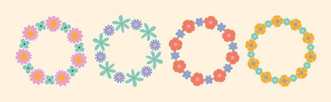 Set of groovy floral circle frames in a simple, minimalist style. Botanical wreaths with bright retro flowers. Illustrations perfect for wedding invitations, logos, and decorative design vector