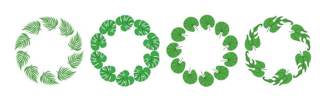 Set of round frames made of tropical leaves. Decoration template for cards, wedding invitations and birthday greetings. Simple natural leaf design. vector