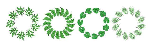 Set of round frames made of tropical leaves. Decoration template for cards, wedding invitations and birthday greetings. Simple natural leaf design vector
