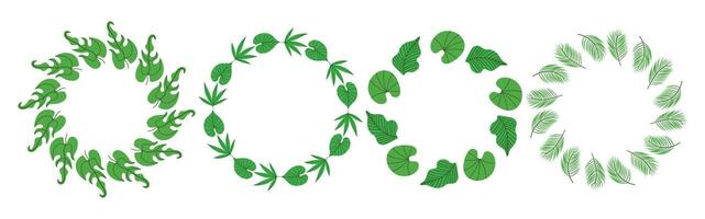 Set of round frames made of tropical leaves. Simple green leaf design. Decoration template for cards, wedding invitations and birthday greetings. vector